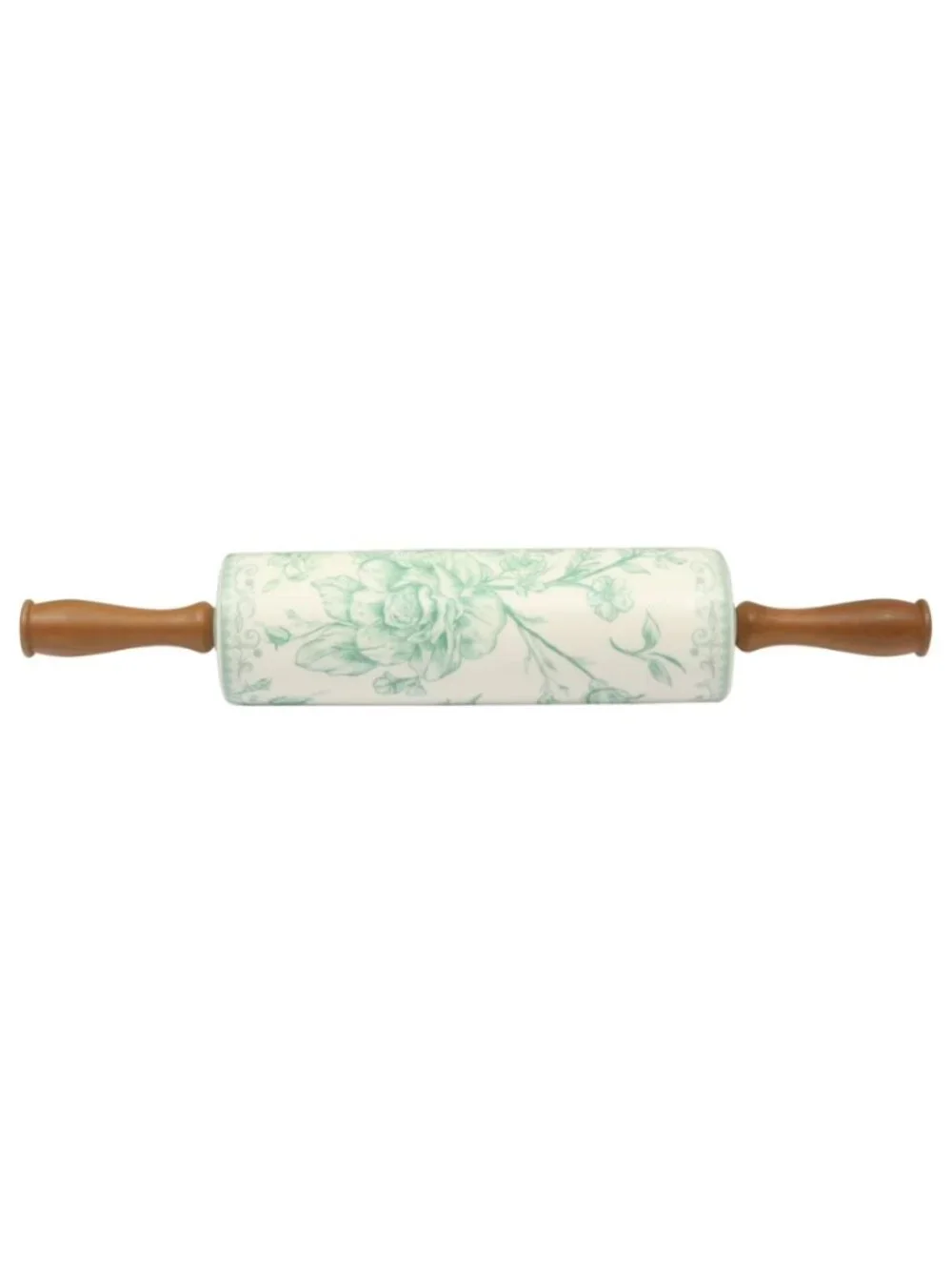 The Pioneer Woman Green Wood Handles Floral Design Agatha Ceramic Rolling Pin